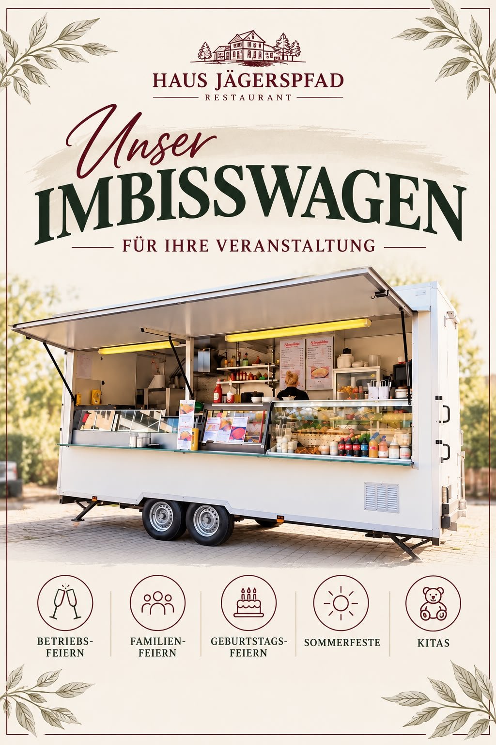 Imbisswagen des Hauses Jägerspfad für Betriebsfeiern, Familienfeiern, Geburtstagsfeiern, Sommerfeste und Kitas.